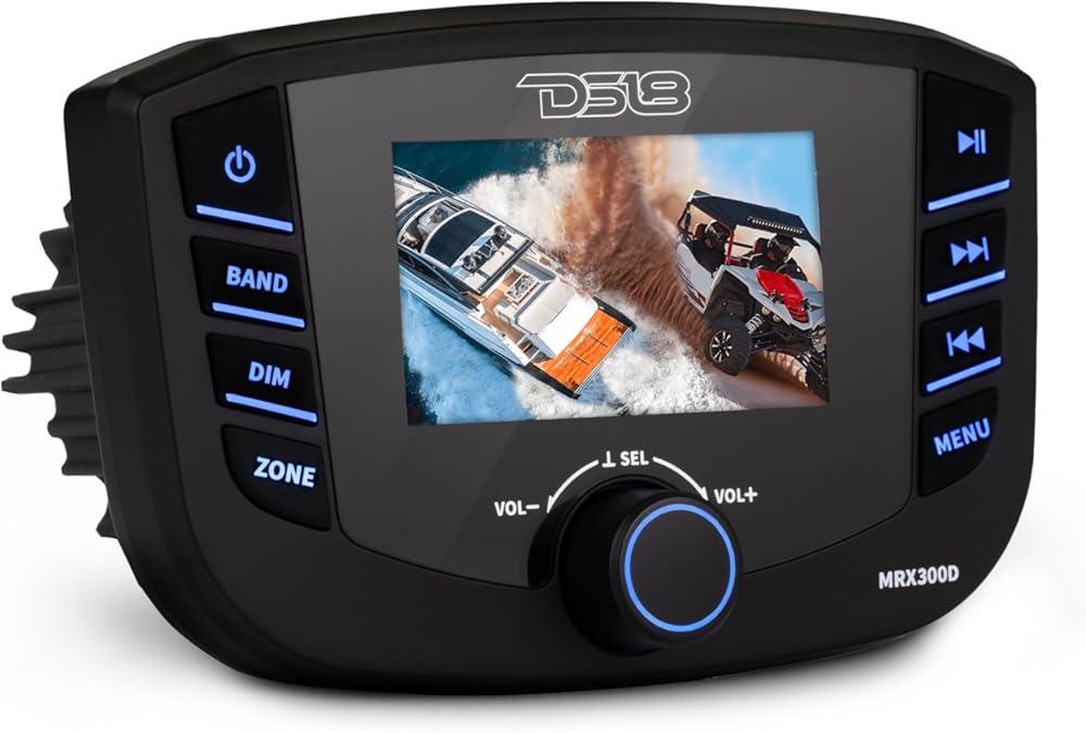 DS18 MRX300D Marine and Powersports Headunit TFT Screen Gorilla Glass, Water Resistant IPX6, 3 Zones, 4 Volts Output, RDS 4X50 Watts with DAB+ for Europe, Bluetooth Radio Receiver Weatherproof