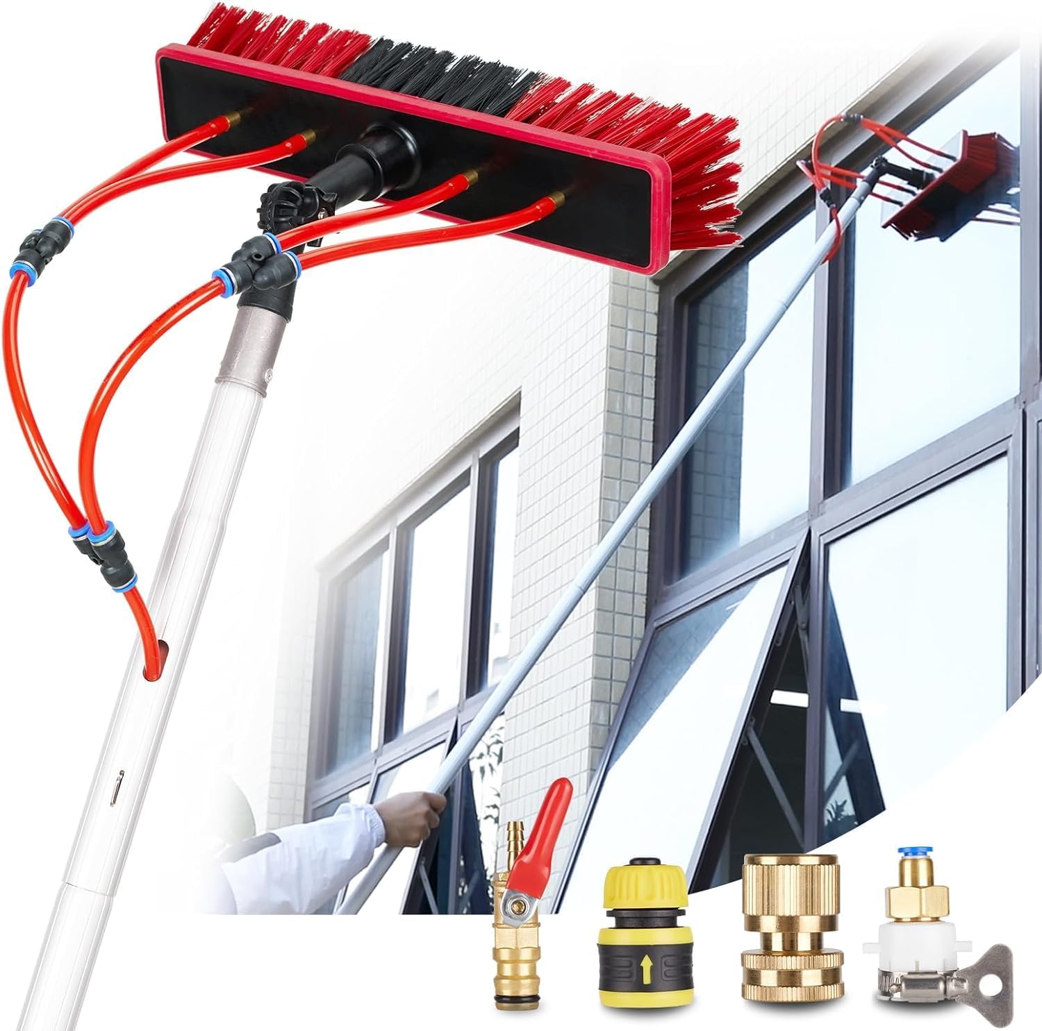 26 FT Solar Panel Cleaning Kit, Window Cleaning System, 20M Hose & Rotating BrushHead, Washing Equipment Window Cleaner Tool Water Fed Pole Kit for Roof Caravan Solar Panel