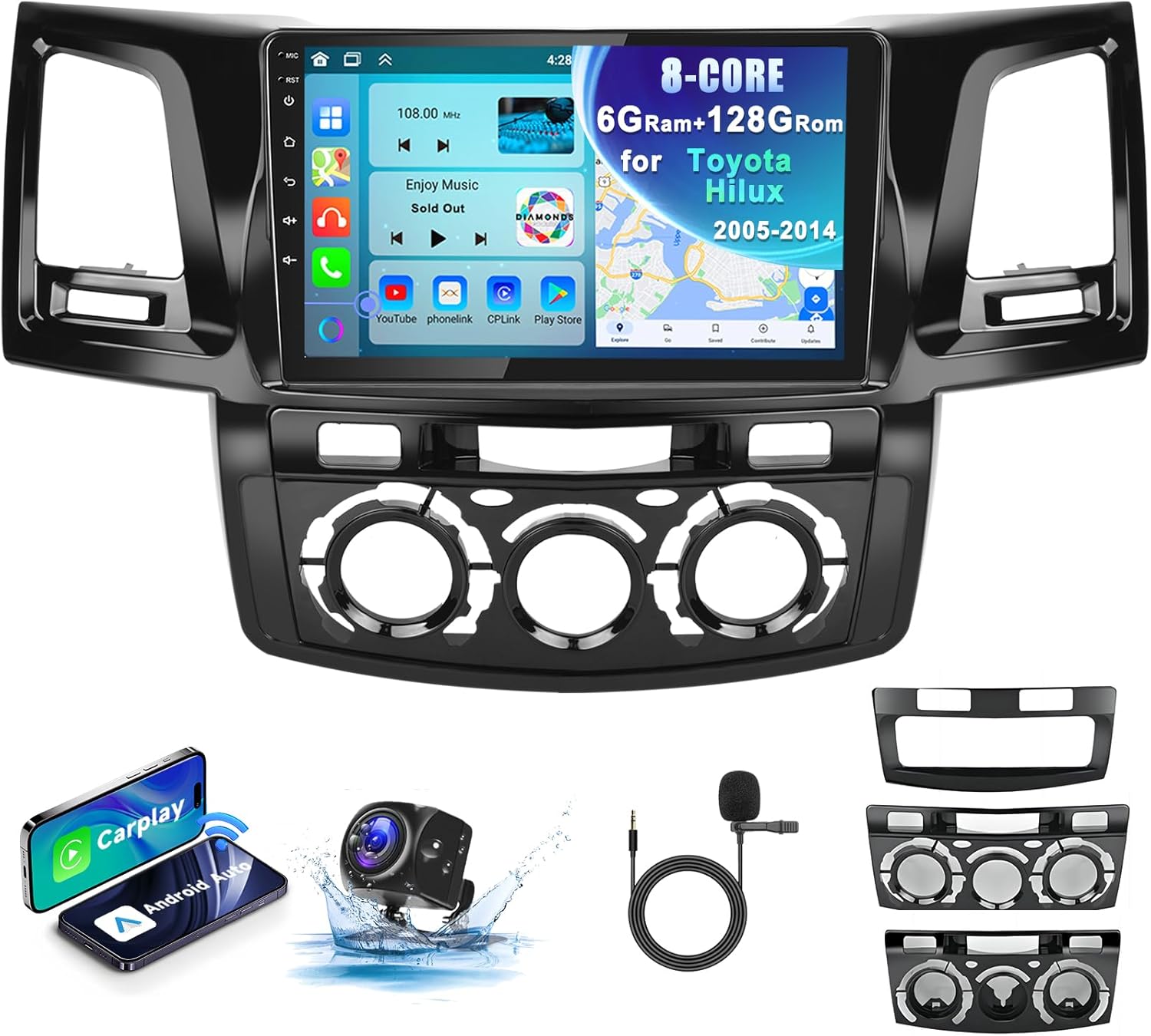 8Core 6+128G Car Stereo for Toyota Hilux 2005-2014 Wireless Carplay Android Auto,9 inch 1280 * 720P IPS Touch Screen Radio, Android/GPS/WiFi/32band DSP Audio/Bluetooth/SWC/Backup Camera