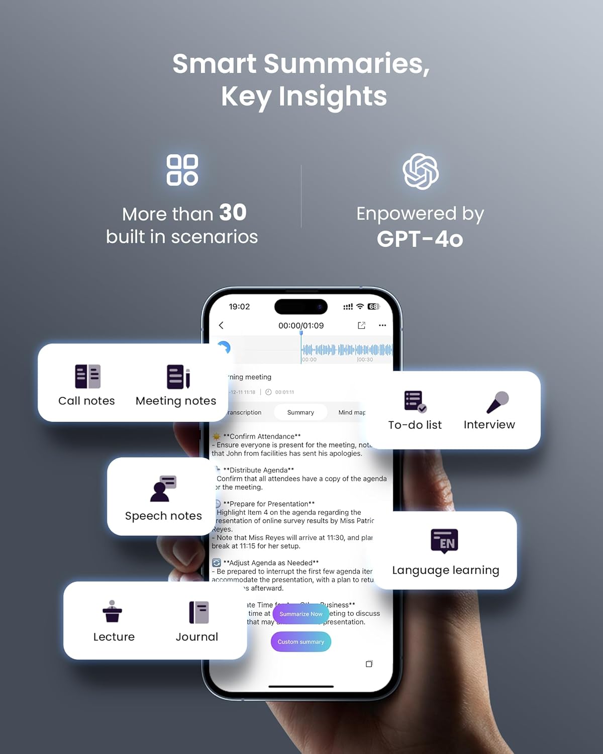 AI Voice Recorder, Transcribe & Summarize AI Audio Recorder, Support 121 Languages, 64GB Memory, Wireless Charging, App/Web Control, Digital Recording Device for Lectures, Meetings, Calls, Silver