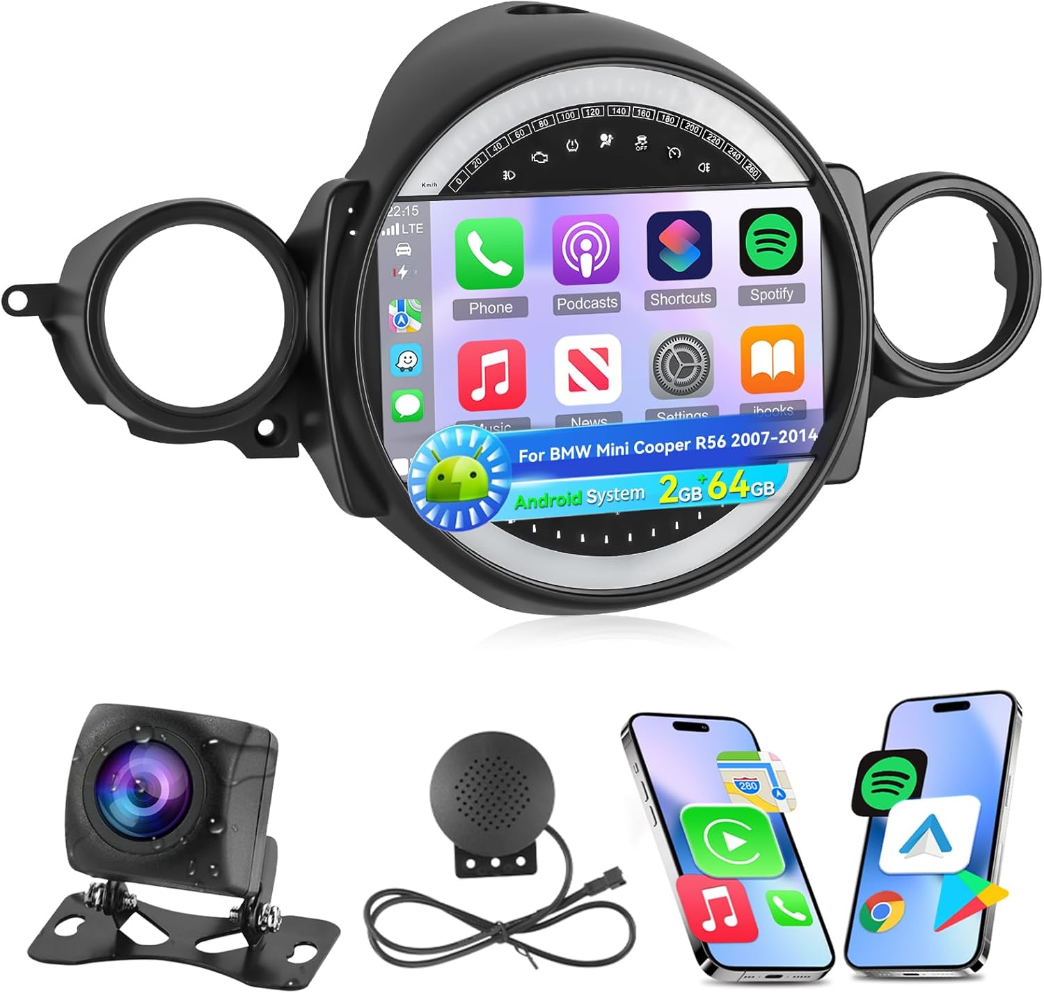 [2+64G] NHOPEEW for Mini Cooper R56 2007-2014 Car Radio with Wireless Carplay and Android Auto - 9 Inch Touch Screen Android Car Stereo - DSP/WiFi/GPS Navi/SWC/Bluetooth + AHD Backup Camera