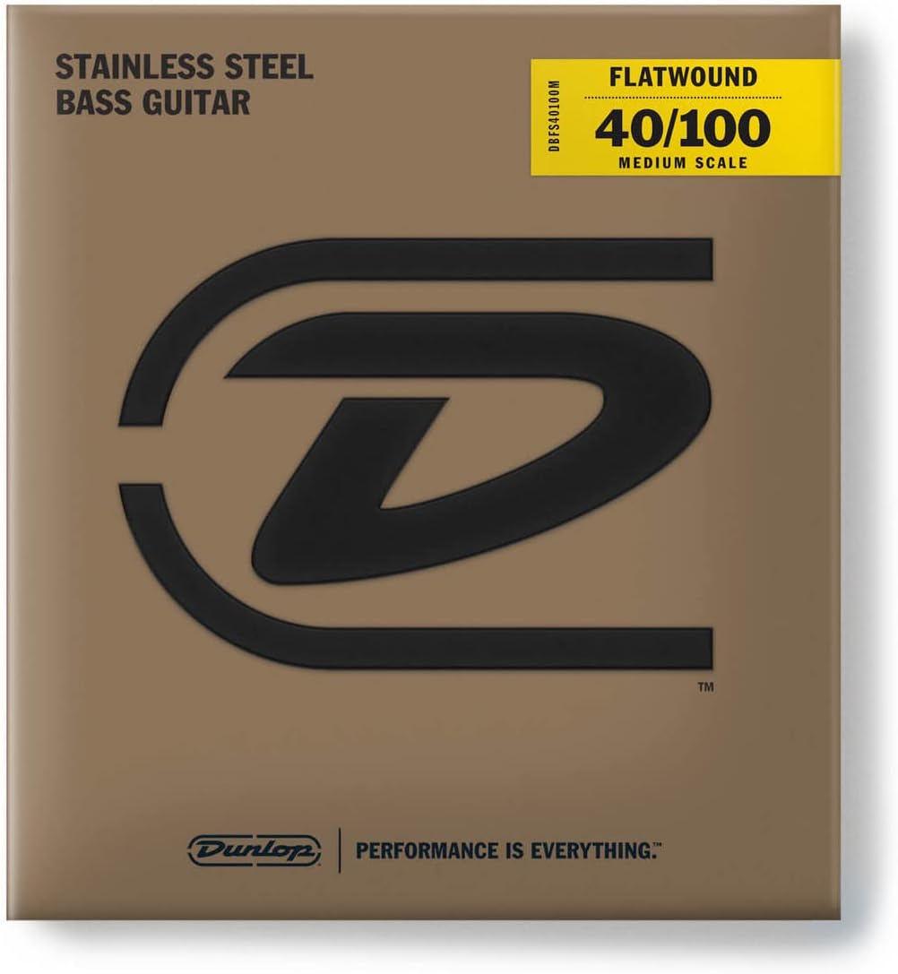 Dunlop DBFS40100M Stainless Steel Flatwound Bass Strings - Medium Scale, 40-100, 4 Strings/Set (2 Pack)