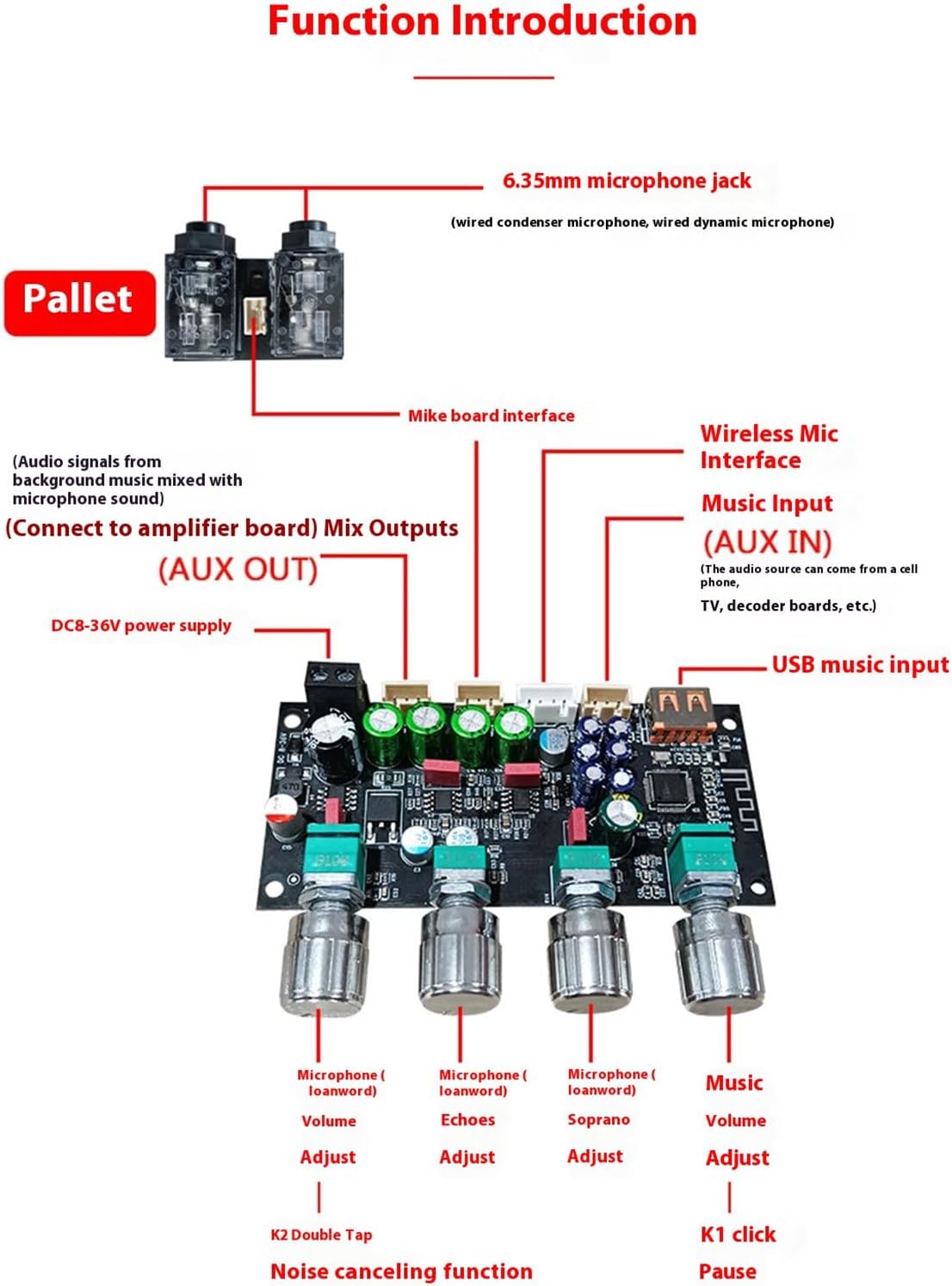 8-36V Professional Karaoke Preamp DSP Mixing Module with Enhanced Reverberation & Sound Control Cable Preamp Board