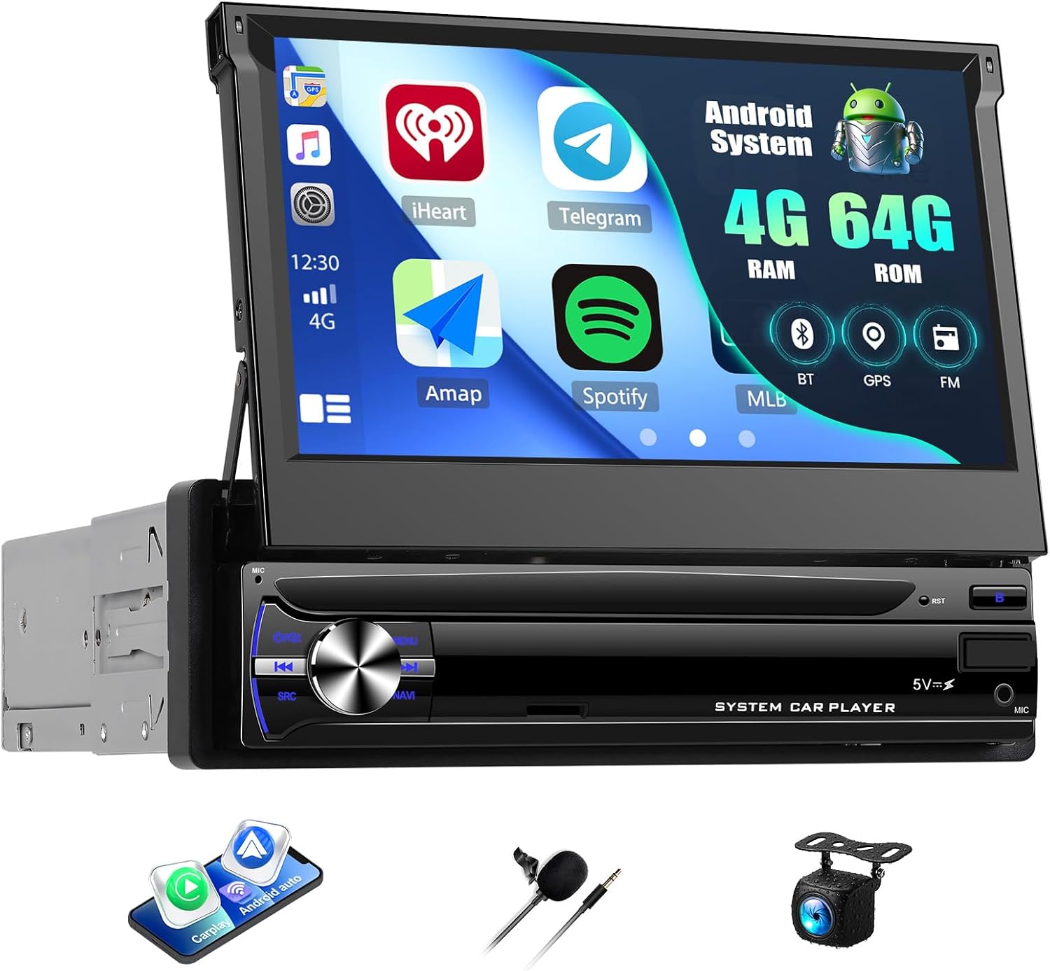 [4+64G] Android 13 Single Din 7 Inch Flip Out Touchscreen 1 Din Car Stereo with Wireless CarPlay&Android Auto,WiFi,Bluetooth,FM/RDS,GPS Navigation,EQ,SWC,USB,AHD Backup Camera with Mic