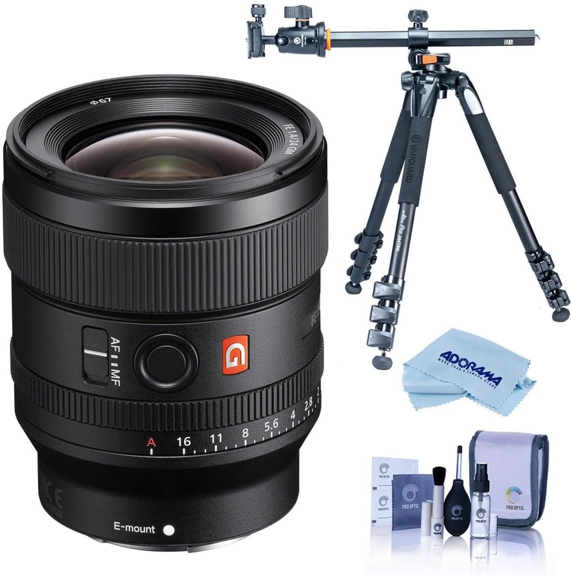 Sony FE 24mm f/1.4 GM Lens for Sony E, Bundle with Takama 3-Section Aluminum Video Tripod with Fluid Head, Cleaning Kit, Cleaning Cloth