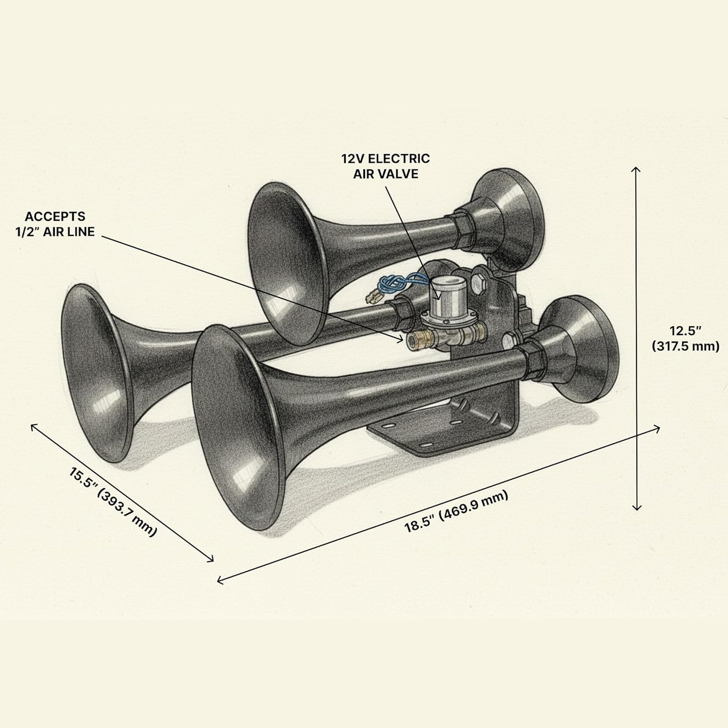 HornBlasters Outlaw Black 12/24 Volt Train Horn Only - 3 Trumpets - Big Sound