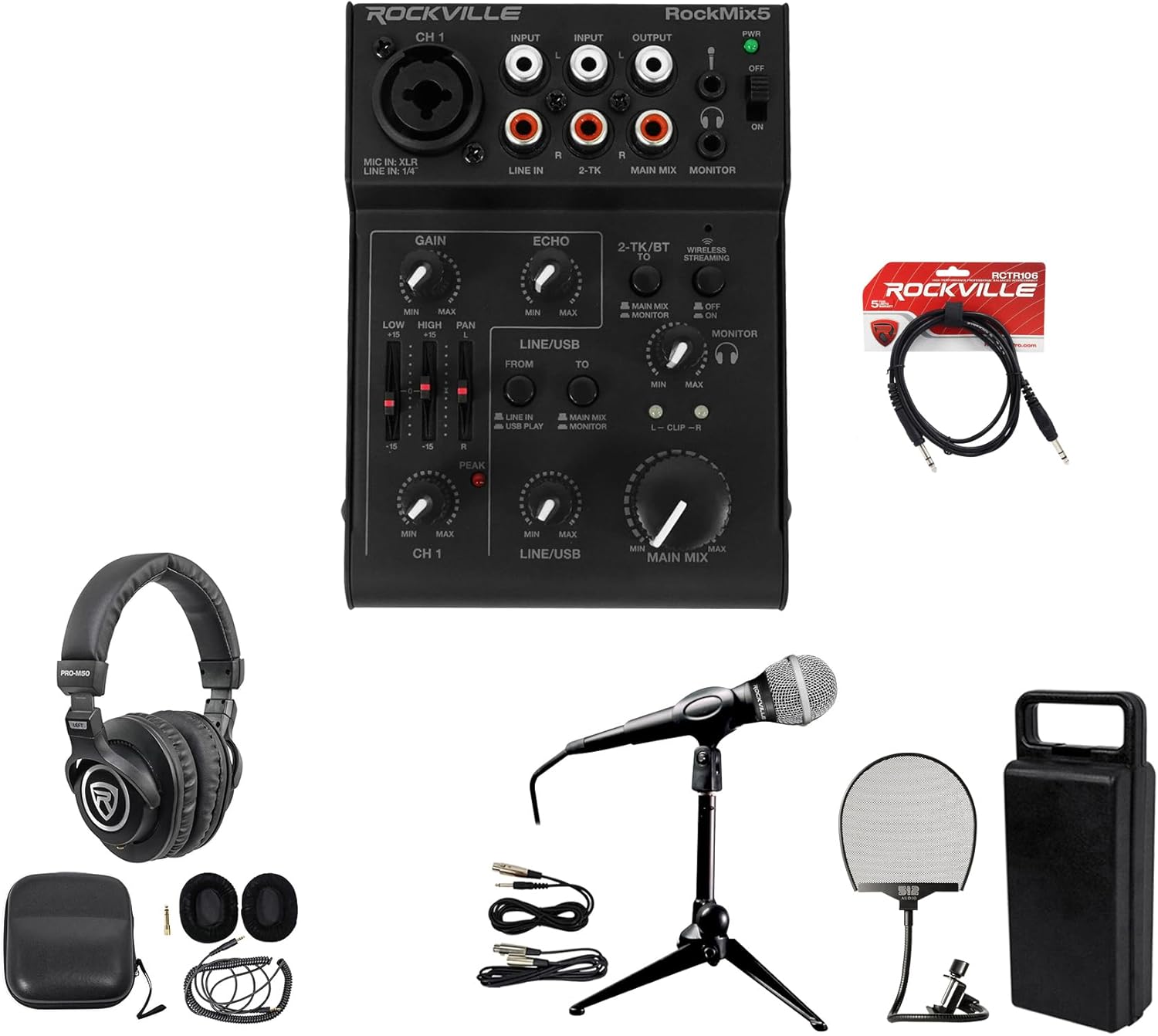 Rockville RockMix 5 Bundle: 5 Channel USB Bluetooth Mixer, RDTS Desktop Tripod Mic Stand, RMC-XLR Wired Microphone, PRO-M50 Headphones, RCTR106B 6 ft TRS Cable, 512-POP Metal Pop Filter, 6-items