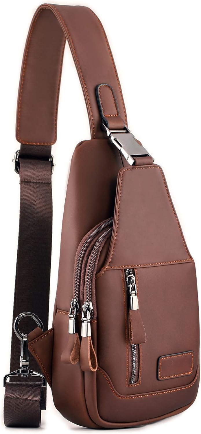 Sling Chest Bag for Men Waterproof Shoulder Backpack Anti Theft Purse Genuine Leather for Travel Work and Outdoors