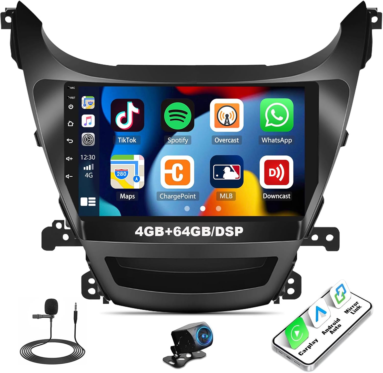 SIXTOP [4+64G] Android Car Stereo for Hyundai Elantra 2011-2013 with Carplay Android Auto Mirror Link 9 inch Touch Screen 1280*720 Bluetooth 5.0 FM/RDS DSP 32EQ WiFi GPS Change Desktop Theme AI Voice