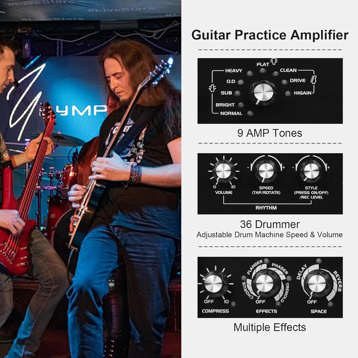 JOYO DC-15B Digital Bass Amp with Bluetooth CM-12 12ft Premium Noise-Free Instrument Cable, 15W Portable Bass Combo, Built-in Effects & Drum Machine