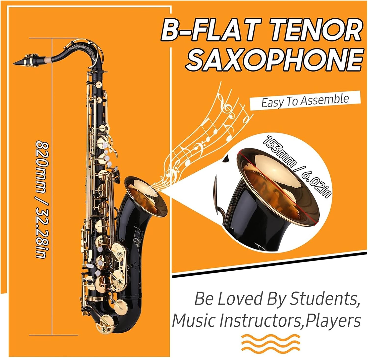 B- Flat Tenor Saxophone Bb Black Lacquer Sax with Instrument Case Mouthpiece Reed Neck Strap Cleaning Cloth Brush Student Saxophone