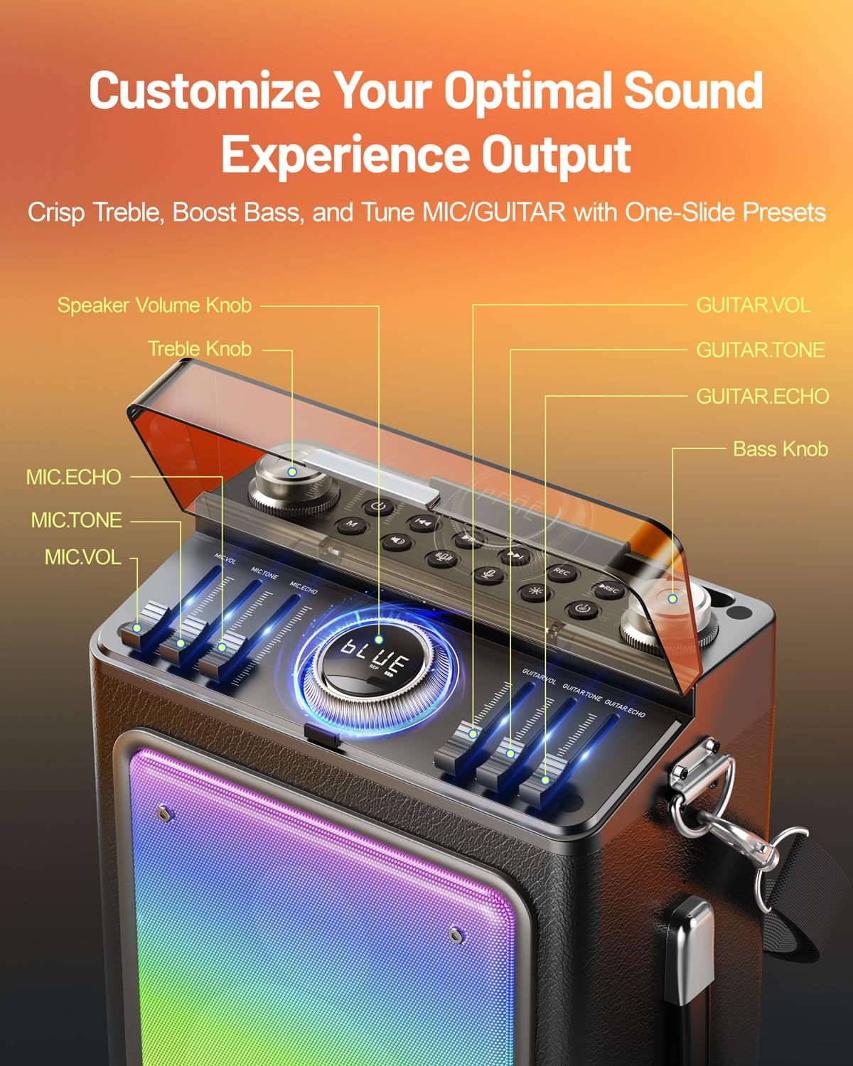 Karaoke Machine for Adults with 2 Wireless Microphones & Guitar Input, Professional Bluetooth 5.3 Speaker, Portable Wooden Karaoke PA System with Bass/Treble Adjustable for Backyard, Home Party
