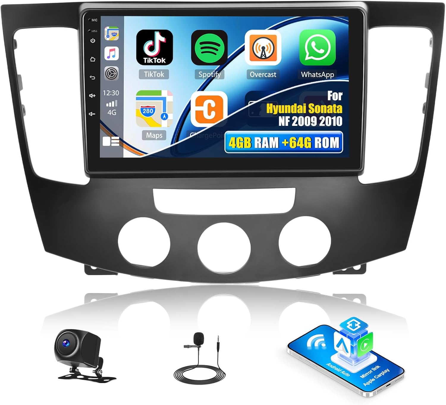 SIXTOP [4+64G] Android Car Stereo for Hyundai Sonata NF 2009 2010 with Carplay Android Auto Mirror Link 9 inch TouchScreen 1280*720 Bluetooth 5.0 FM/RDS DSP 32EQ WiFi GPS Change Desktop Theme AI Voice