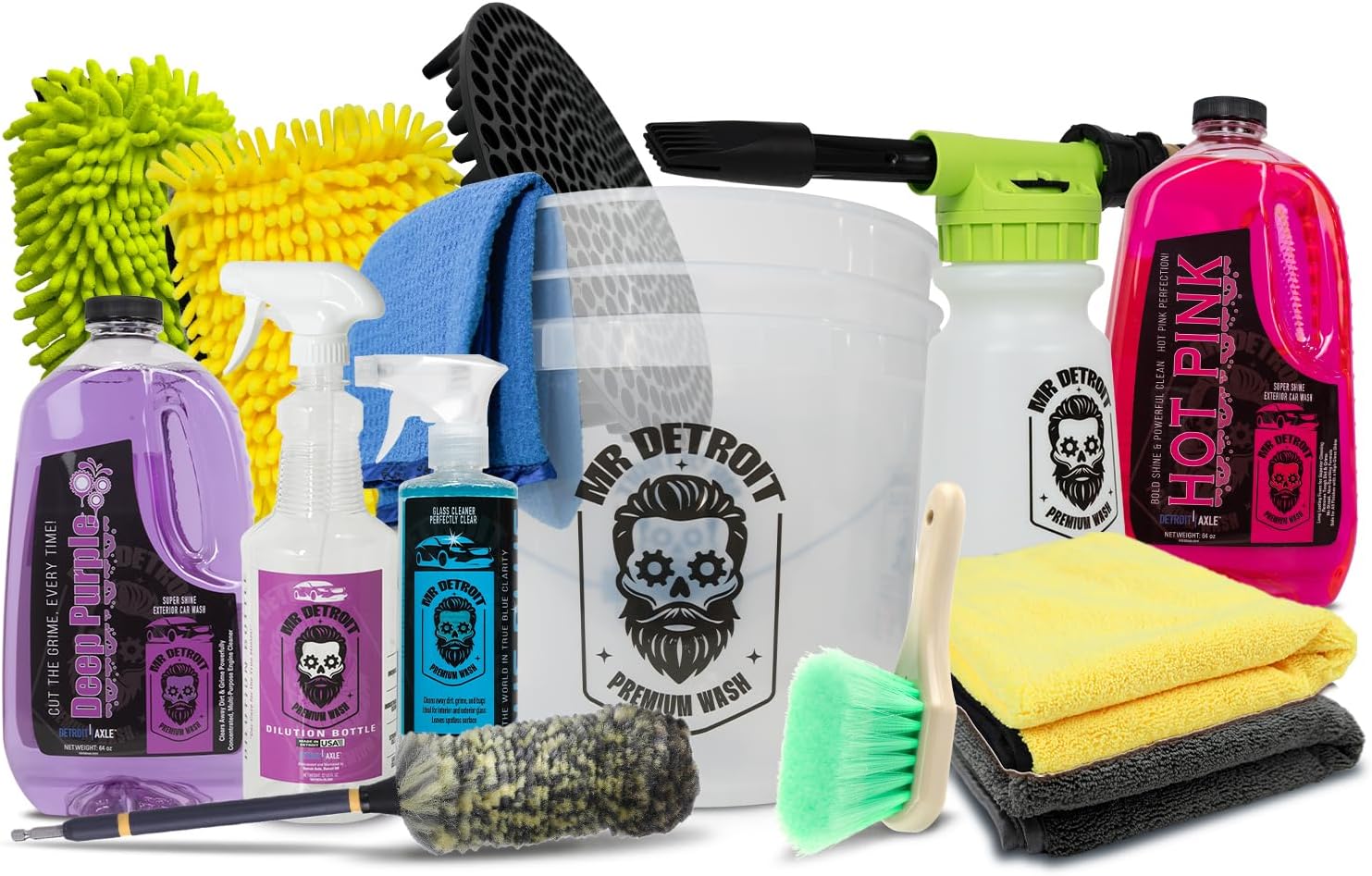 Mr. Detroit - 14pc Car Cleaning Kit Foam Blaster Wheel Brush 3.5 Gal Bucket w/Filter Glass Cleaner w/Sprayer Car Wash Soap Mitts Towels Degreaser 64oz Dilution Bottle Exterior Car Wash & Detailing