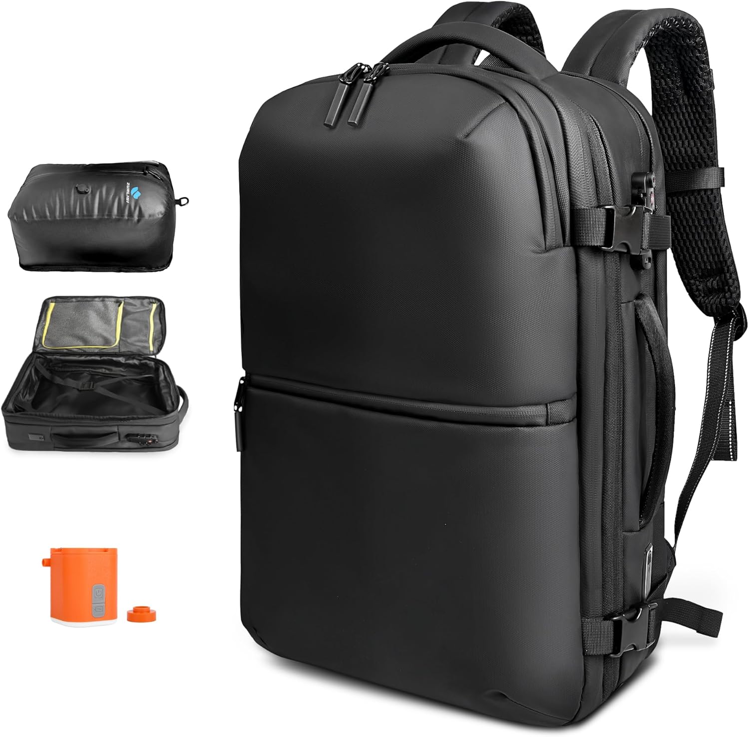 Zurligi Vacuum Backpack for Travel with Mini Pump, Expandable Vacuum Seal Compression Backpack, Space-Saving Daypack,TSA-Lock (Vacuum Flex, Black)