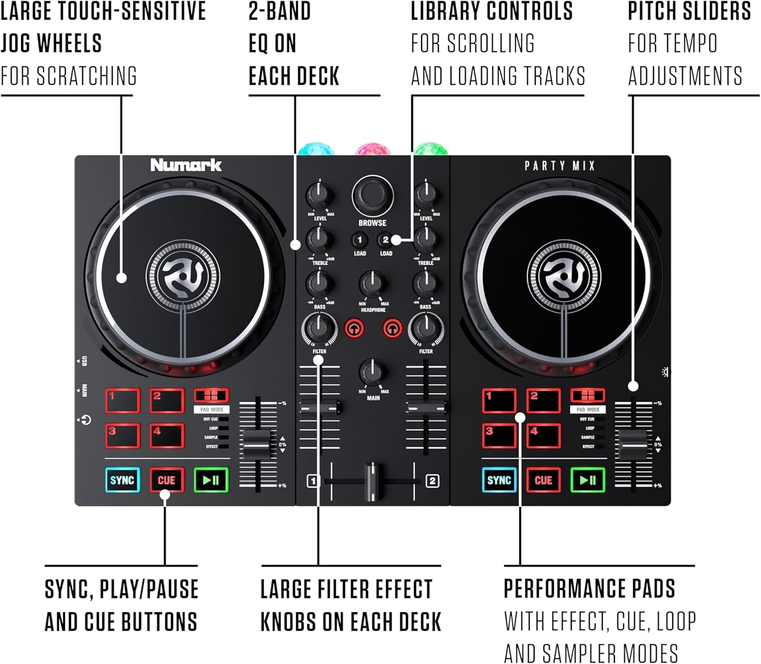 Numark Party Mix MKII DJ Controller Set - With DJ Mixer, Audio Interface, Studio Monitor Speakers and Headphones