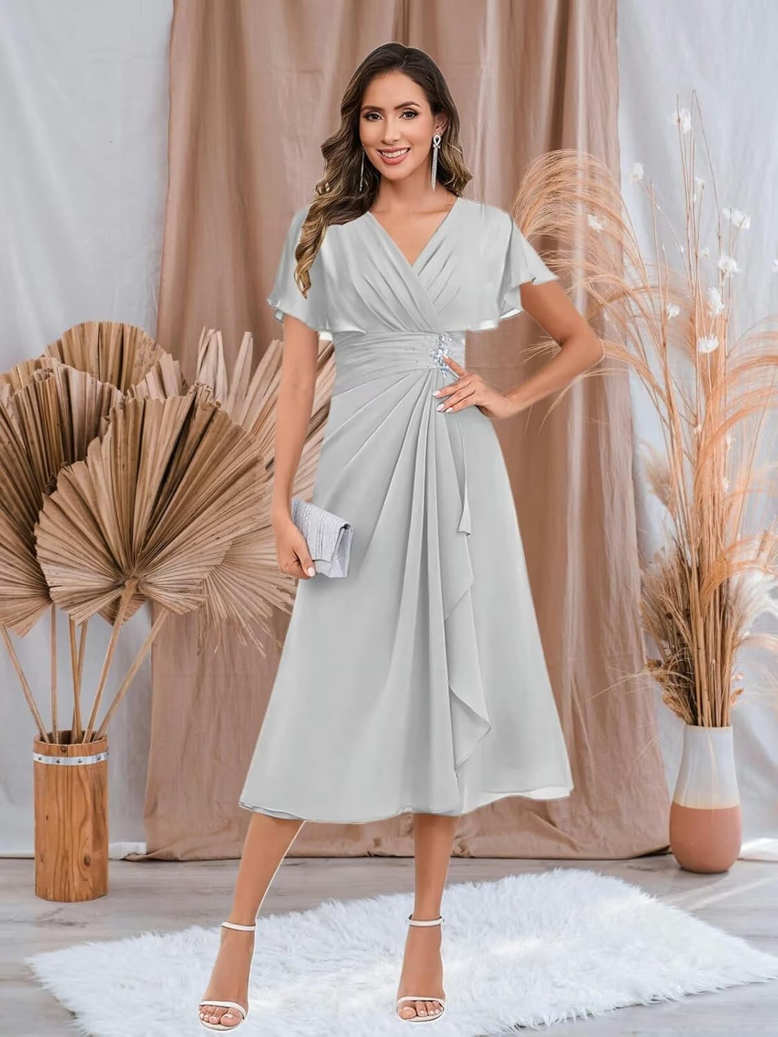 BANTRATIC Tea Length Mother of The Bride Dresses for Wedding V Neck Cap Sleeve Ruffle Chiffon Prom Formal Cocktail Gown