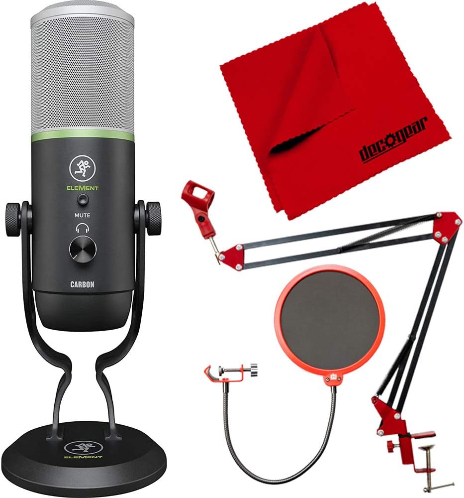 Mackie Element Series Carbon USB Condenser Microphone (EM-Carbon) Bundle with Microphone Suspension Boom Scissor Arm Stand + Universal Pop Filter Microphone Wind Screen + 6 x 6 inch Microfiber Cloth
