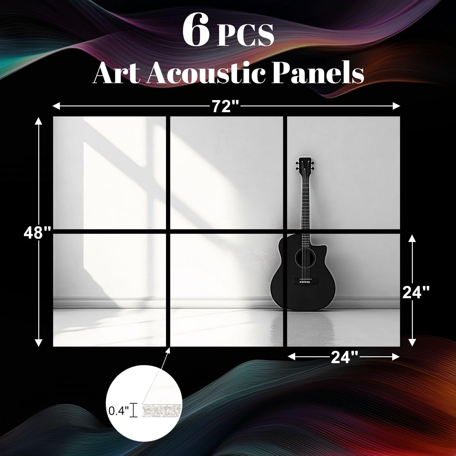 6 Pack Art Acoustic Panels Black acoustic guitar white room Sound Absorbing Panel 48