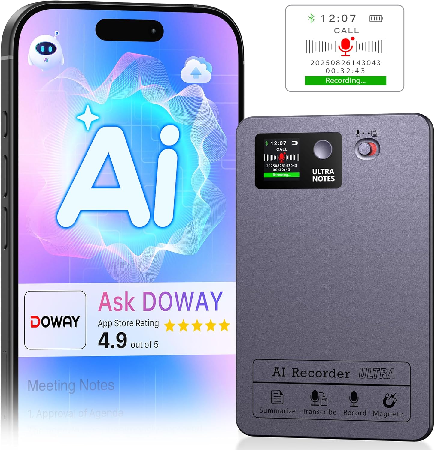 AI Note Voice Recorder: Transcribe, Summarize & Text Translation, 152 Languages, AI Noise Cancellation, 64GB, APP Control, One-Step Magnetic Attachment, Long-Lasting Battery – Meeting, Call, Lecture