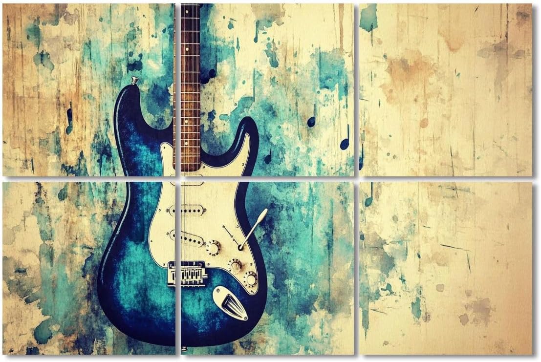 6 Pack Art Acoustic Panels Sound Absorbing Modern Blue Guitar Musical Themed Electric Hues Paint Splatter Notes Decorative Soundproof Wall Panels Self Adhesive for Recording Studios Office 72