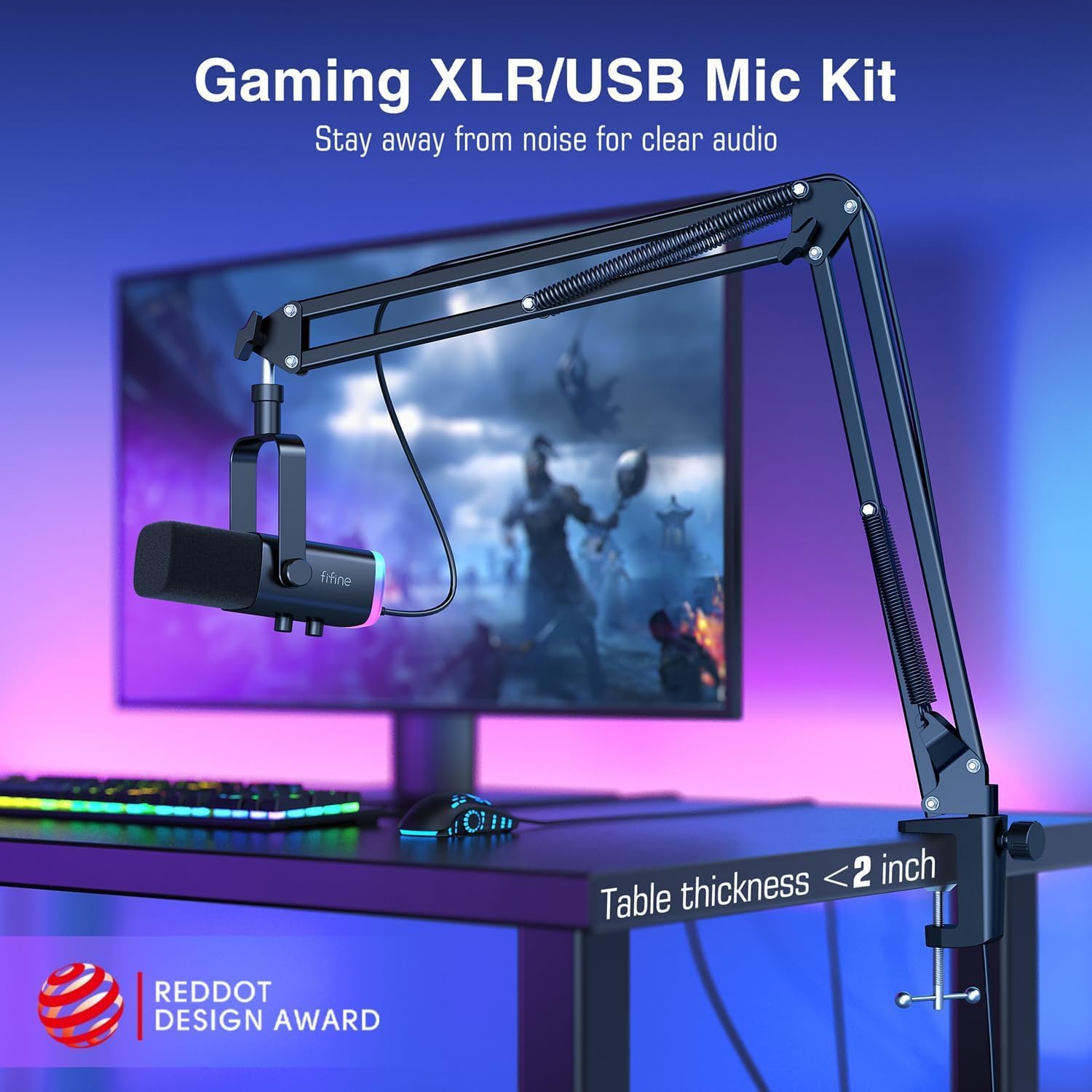 FIFINE Dynamic Gaming Mic and Microphone Arm Stand Kit, PC Computer Streaming Mic with RGB Light, Mute Button, Suspension Scissor Boom Stand Bundle for Recording, Podcast, Voice-Over (AM8+CS1)