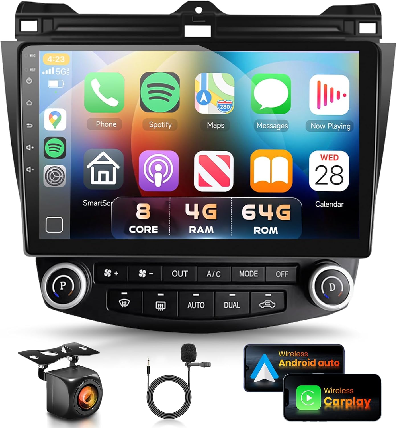 8Core 4G 64G Car Stereo Radio for Honda Accord 7th 2003-2007 with 10.1inch 1280X720P QLED Touch Screen,DSP/46 EQ,Wireless CarPlay Android Auto,Bluetooth 5.0,GPS FM/RDS,WiFi SWC+AHD Backup Camera
