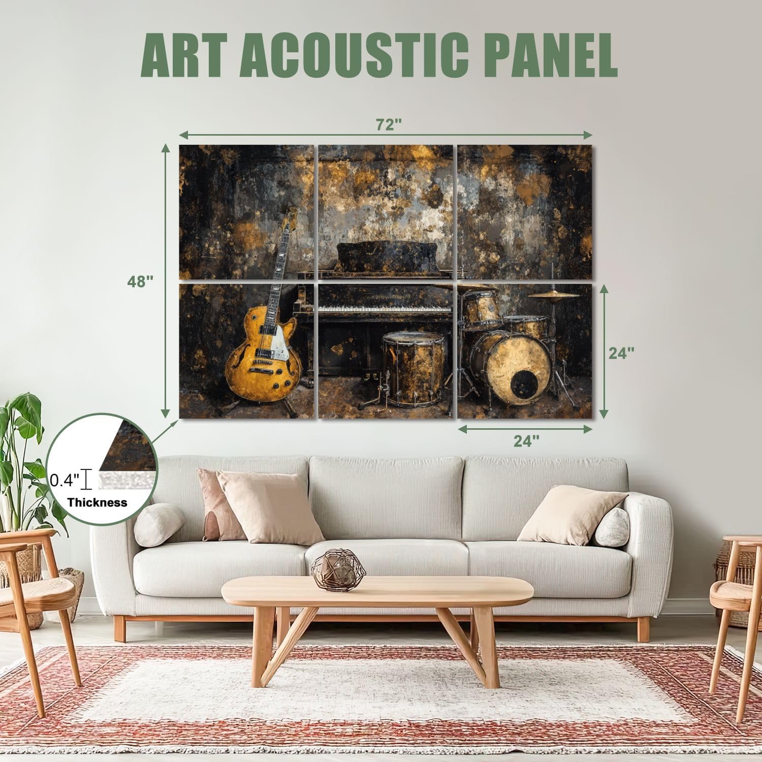 6 Pack Art Acoustic Panels Sound Absorbing Music Black Gold Guitar Piano Drum Set Studio Electric Upright Drums Decorative Soundproof Wall Panels Self Adhesive for Recording Studios Office 72