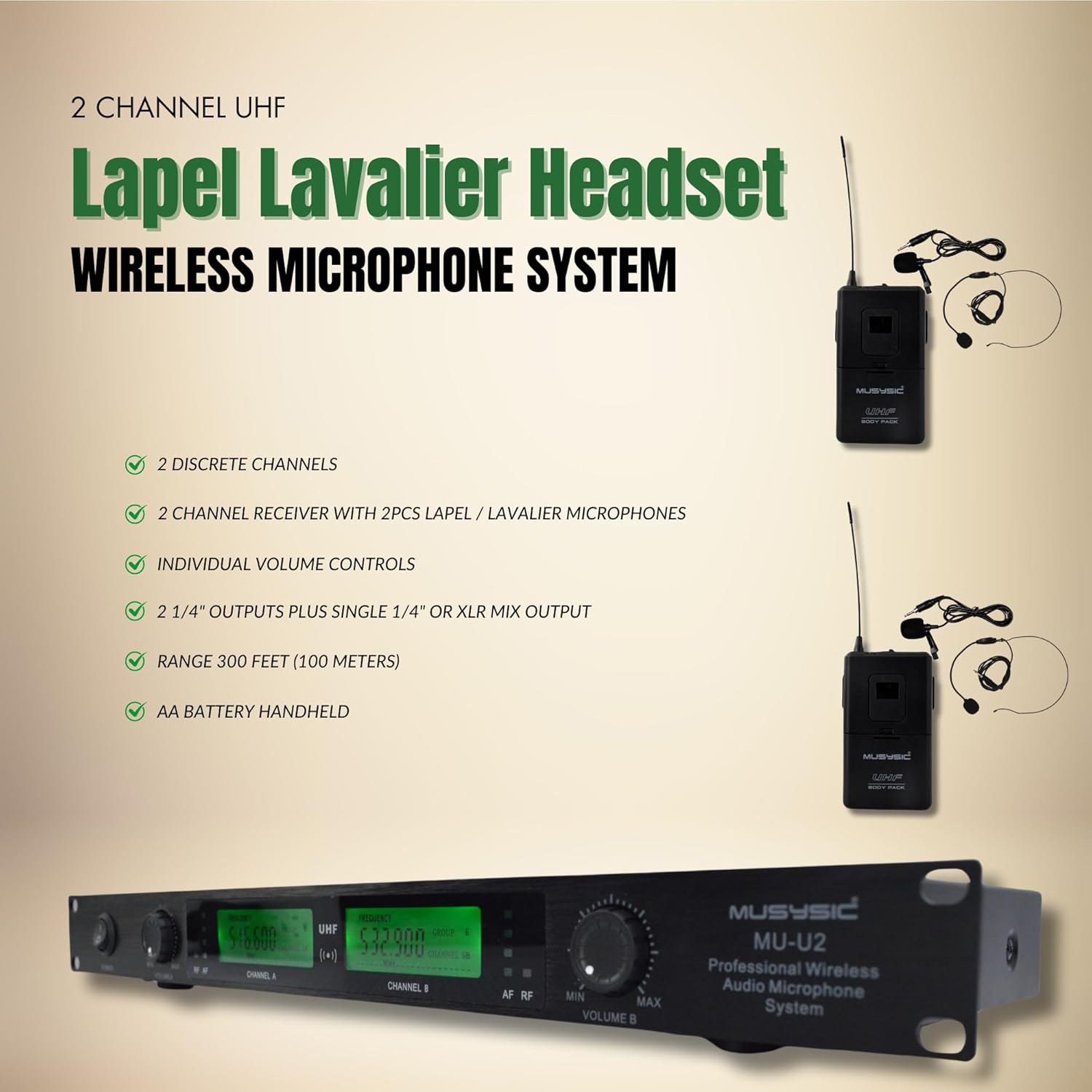 MUSYSIC 2-Channel Professional Wireless UHF Microphone System, 300ft Range Fixed Frequency Bodypack Headset/Lapel Microphones for Singing, Karaoke, Church, DJ