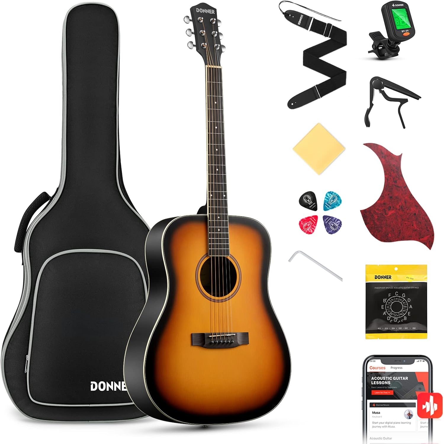 Donner Acoustic Guitar for Beginner Adult Full Size Dreadnought Acustica Guitarra Bundle with Free Online Lesson Bag Strap Tuner Capo Pickguard String 4 Picks Cloth, Right Hand 41 Inch