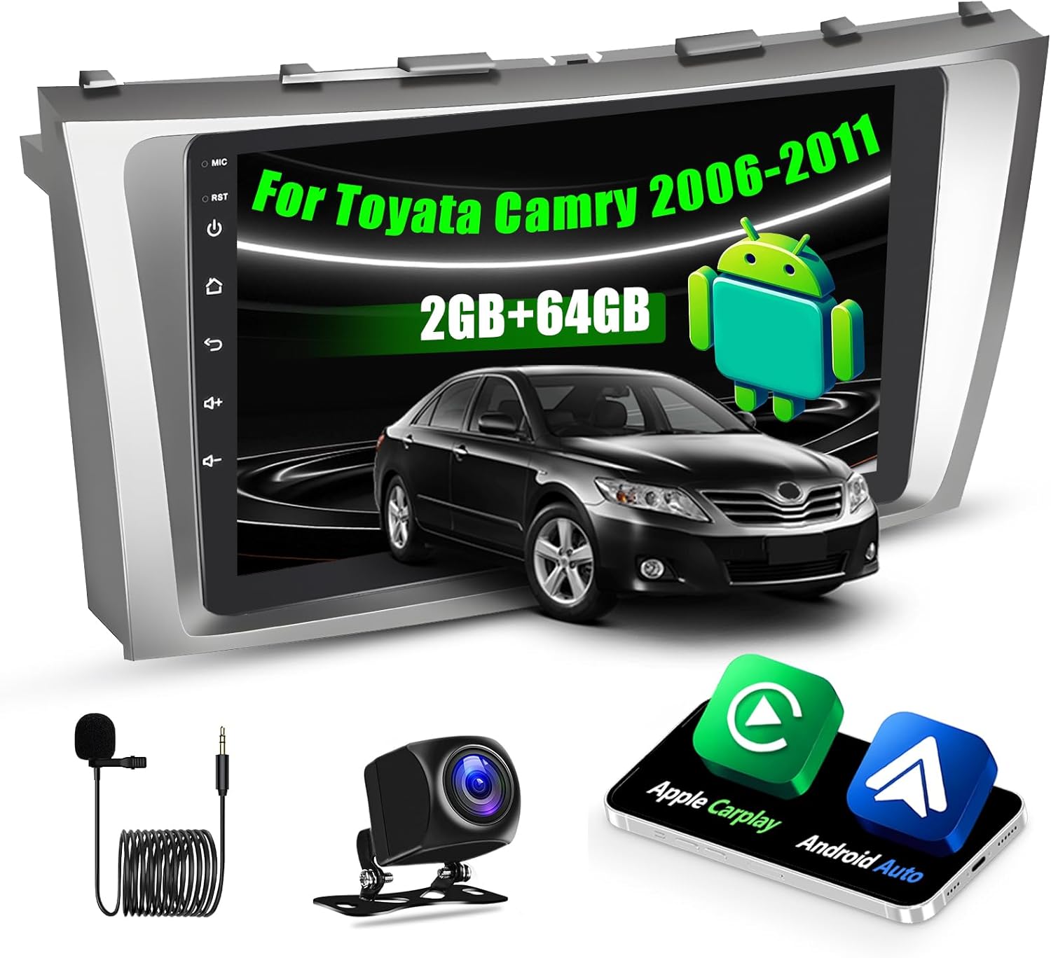 [2+64GB] Android 15 Car Radio for Toyota Camry 2006-2011 𝐰𝐢𝐭𝐡 𝐉-𝐁-𝐋 with CarPlay Android Auto, 9 Inch HD Touchscreen Car Stereo with GPS WiFi Bluetooth FM/RDS SWC Backup Camera MIC