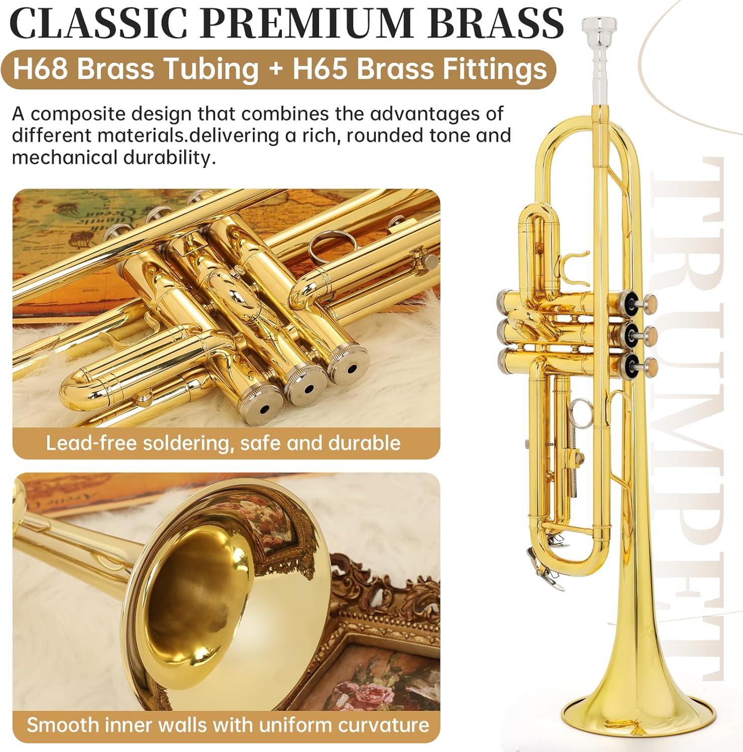Kmise Bb Standard Trumpet, Premium Brass Trumpets for Student Beginner, Trumpet Instrument Set with Upgraded Case, 7C Mouthpiece, Mute, Beginner's Guide Kit, Cleaning Kit (Gold)