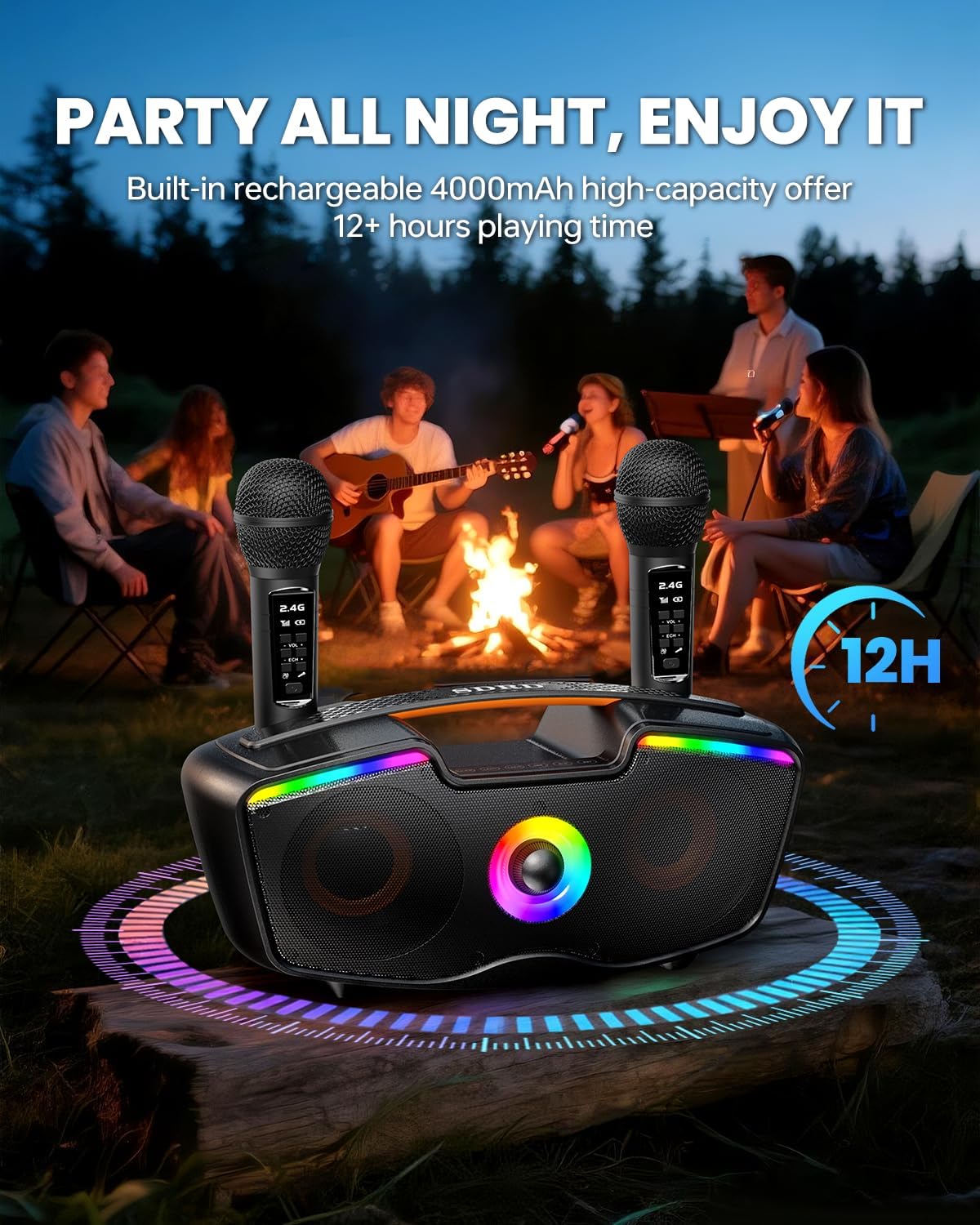 Bluetooth Karaoke Machine for Adults & Kids, 80W Portable Speaker with 2 Wireless Microphones, Echo Adjustment, Support USB/AUX/TF Card, for Outdoor/Indoor Gathering Gifts