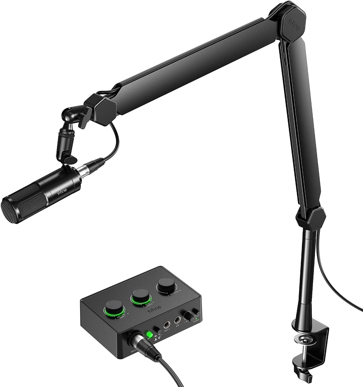FIFINE Music Recording Kit for Vocal, Instrument, XLR Mic, Audio Interface, Heavy Metal Arm Stand with Extension Tube Bundle with Headphone Monitoring, Indicator, Volume Control for Podcast(KS6+BM66T)