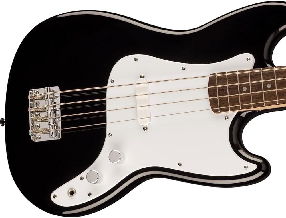 Fender 0373800506 Sonic Bronco Bass Laurel Fingerboard White Pickguard Black Bundle with Fender Logo Guitar Strap Black, 12-Pack Celluloid Picks, and Straight/Angle Instrument Cable