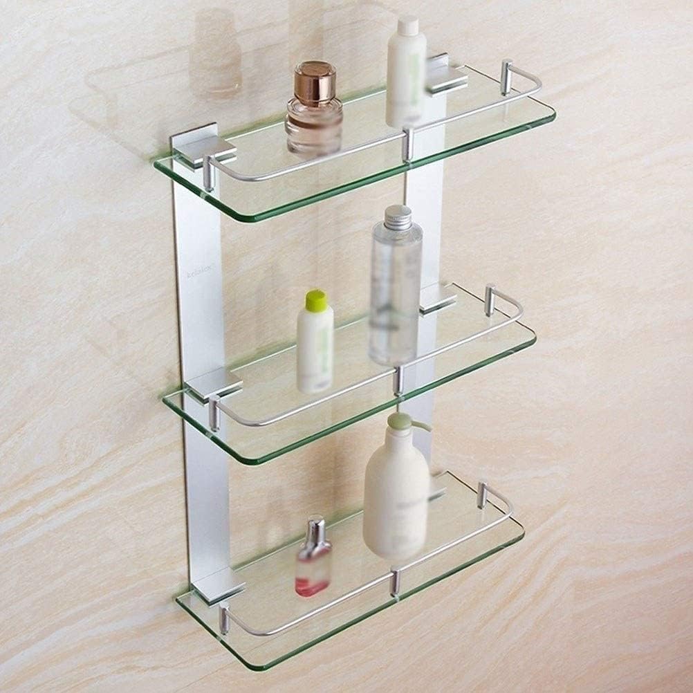 WOLWES Bathroom Shelf Bath Glass Shelves with Rail Space Aluminium Strong Safety Wall-Mount Square Bathroom Accessories Drilling Shower Basket 3 Tiers (Size : 500mm)