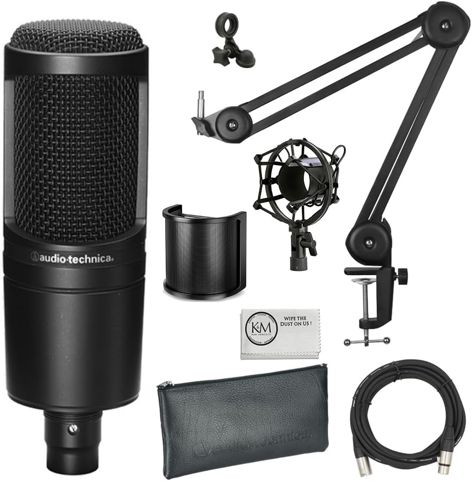 Audio-Technica AT2020 Cardioid Condenser Microphone Bundle with XLR Cable + Microphone Arm + U Shape Pop Shield + Shock Mount + Microfiber Cloth (6 Items)