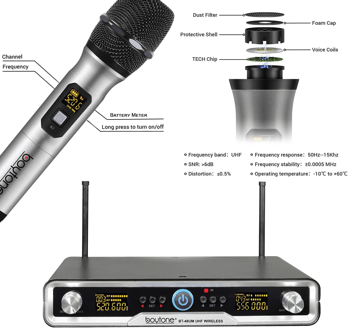 Boytone BT-48UM 100 Channels Wireless Microphone Dual Metal Professional UHF Cordless Dynamic Mic Handheld Microphone System, for DJ, Meeting, Party, Church, Aluminum Carrying Cases, Metal Base