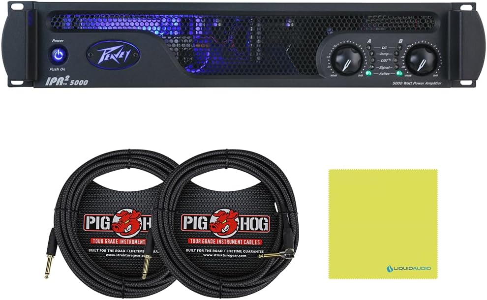Peavey IPR2 5000 Power Amplifier Bundle with 2x 20ft Pig Hog Black Woven Instrument Cables and Polishing Cloth – 2-Channel Lightweight Professional Audio Amp