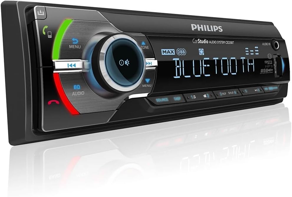 Philips Car Stereo Bluetooth Audio Receiver, Sleek Single Din Car Stereo with AM/FM Radio, USB, AUX-in and Built-in Microphone for Hands-Free Calling and Music Streaming, Powerful Sound