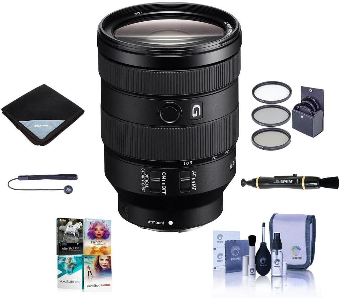 Sony FE 24-105mm f/4 G OSS E-Mount Lens - Bundle W/77mm Filter Kit, Lens Wrap, Cleaning Kit, , Capleash, PC Software Package
