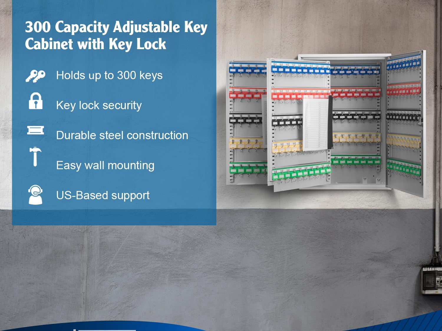 Barska Steel 300 Key Cabinet Organizer – Locking Wall Mount Safe with Adjustable Numbered Hooks, Index Sheet & Key Tags for Business or Office Security