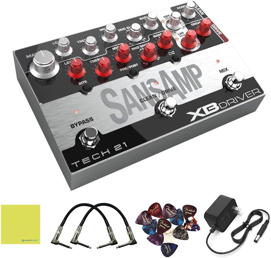 Tech 21 SansAmp XB Driver Bass Preamp Bundle with 2 Right Angle Patch Cables, 12 Guitar Picks, 9V Power Adapter & Polishing Cloth – Versatile Tone Shaping, Analog Amp Emulation, DI Output