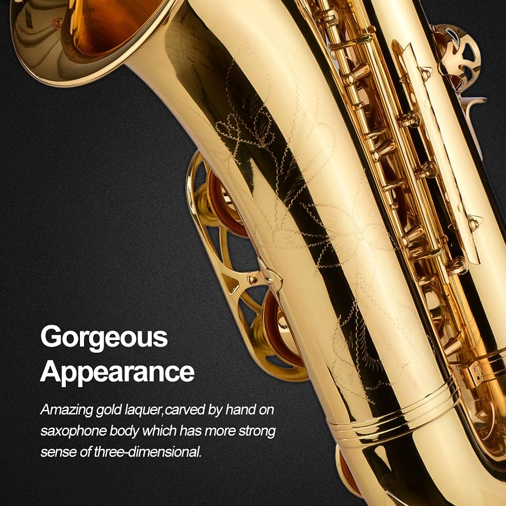 Saxophone Tenor BB Sax Brass Body Gold Lacquered Surface Wood Wind Instrument with Carrying Case Gloves Cleaning Cloth Brush Sax Neck Straps