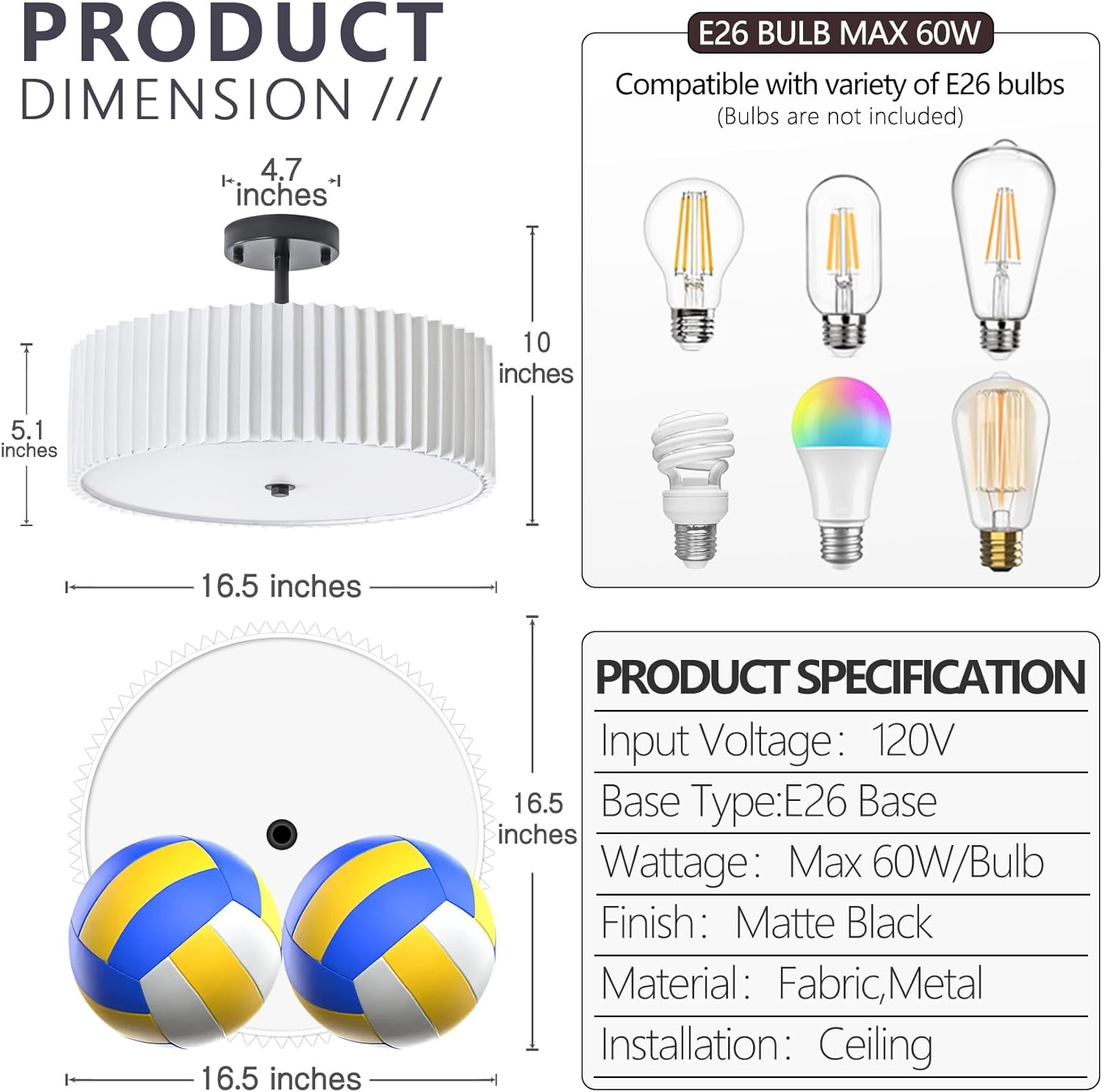 Bargeni 16.5 Inch Semi Flush Mount Ceiling Light,3 Light Modern Black Ceiling Light Fixture with Pleated Fabric Shade,Flush Mount Light Fixture for Bedroom,Living Room,Hallway,Dining Room