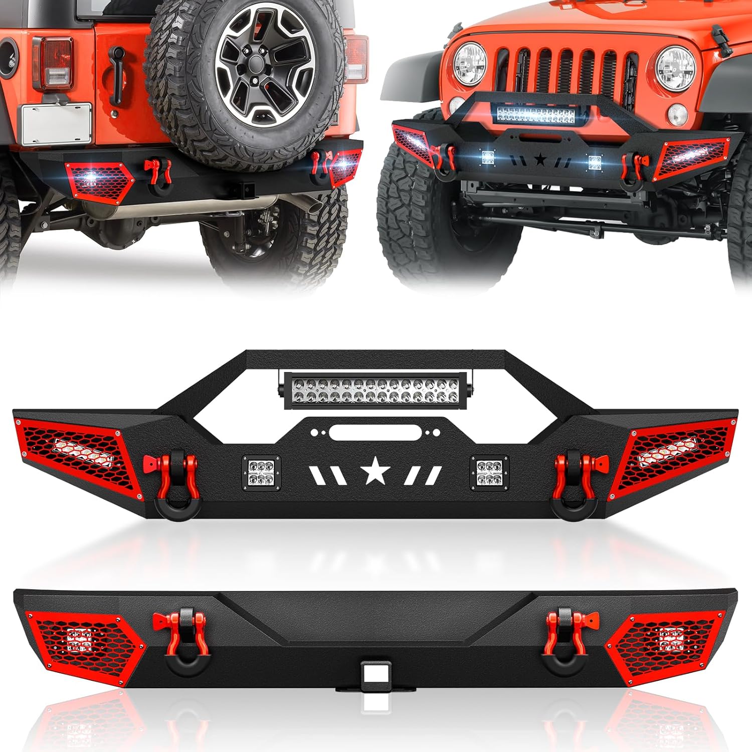 SUORTO Front and Rear Bumper Compatible with 2007-2018 Jeep Wrangler JK JKU Unlimited Off-Road Bumper w/Winch Plate, 2
