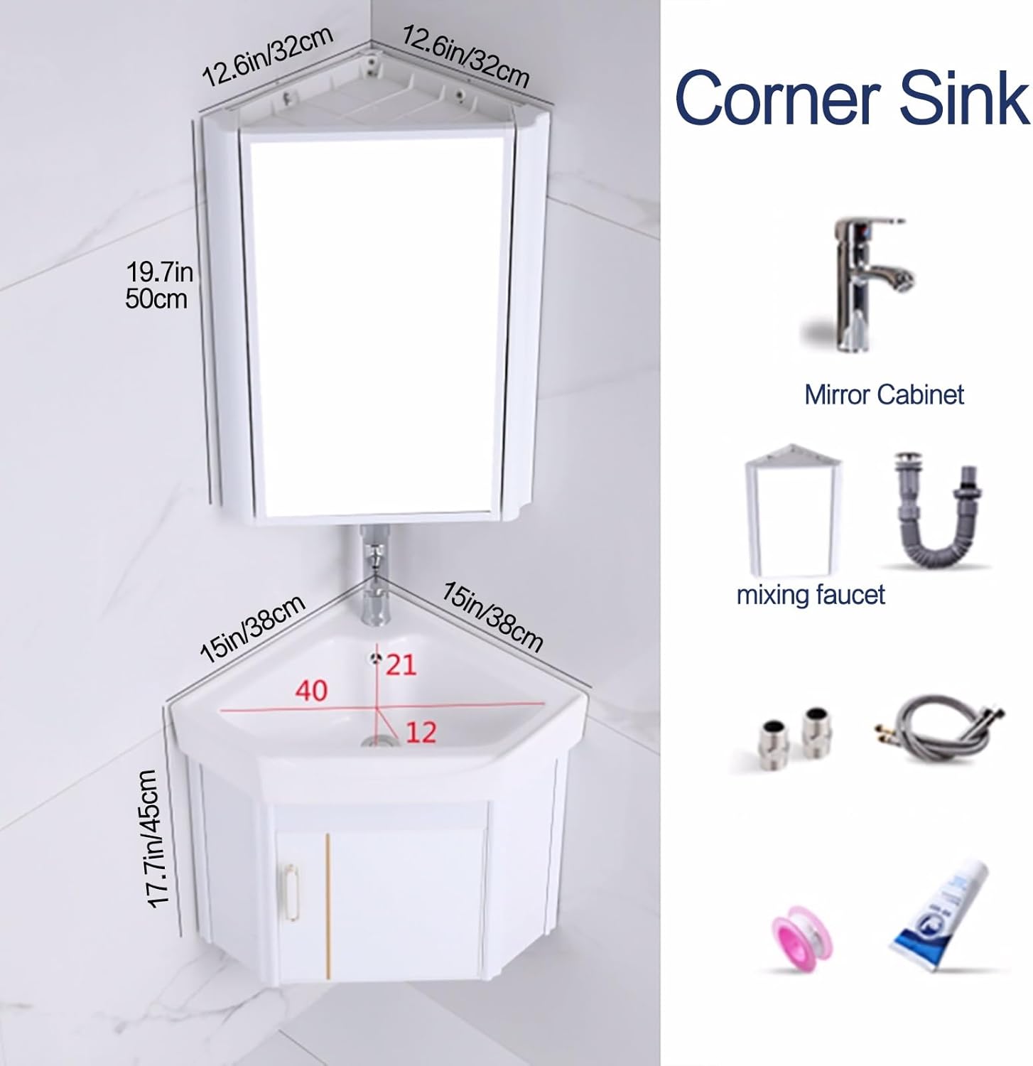 Corner Ceramic Sink Bathroom Vanity Cabinet Corner Wall Mount Bathroom Sink Wall Mounted Bathroom Sink Bathroom Sink with Storage Container Cabinet with Mirror(White,15in/38cm)
