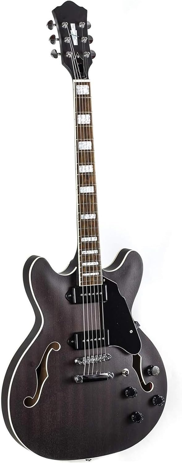 Beginner Electric Guitar Kits Jazz Electric Guitar Flame Maple Top Semi Hollow Body Matte Finished With Pickups(Gray)