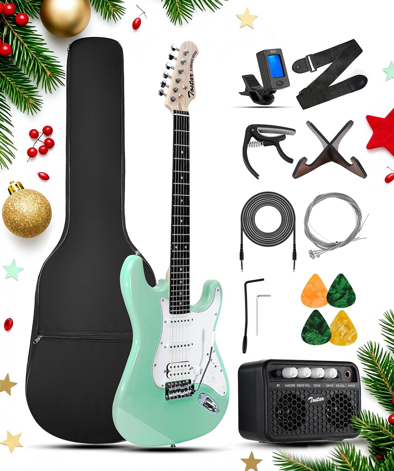 Tostar Beginner Electric Guitar with Amp Full Size Kit 6 String HSS Pickup with Gig Bag,Capo,Tremolo,Tuner, Strap, Picks Surf Green Electric Guitars Stratocaster 39