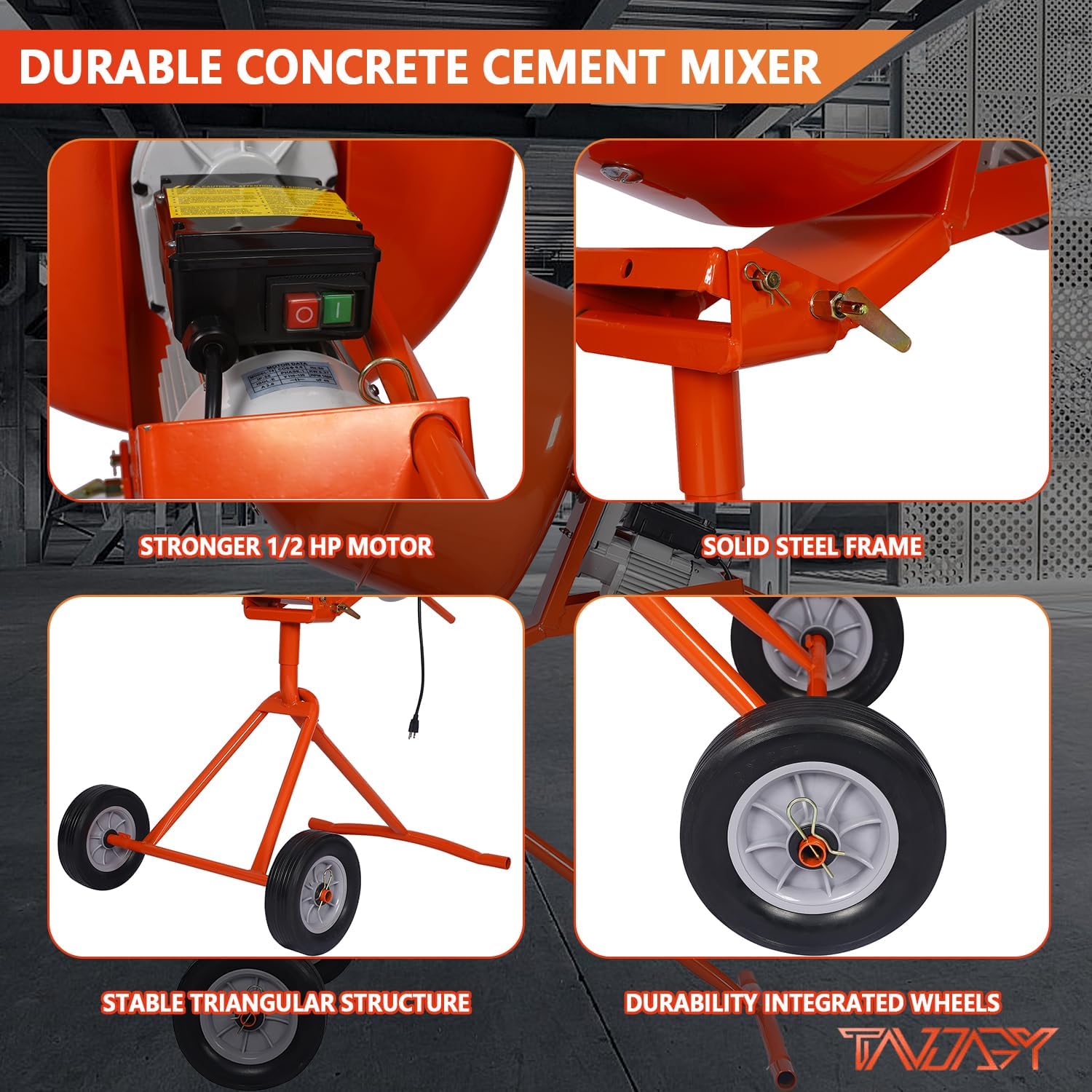 Portable 5 Cu Ft Concrete Cement Mixer 1/2 H P Electric Mixer Machine with Wheel Freestanding Barrow Machine 4 Gear Concrete Mixer Machine 23 RPM Cement Mixing Machine for Stucco Mortar Seeds